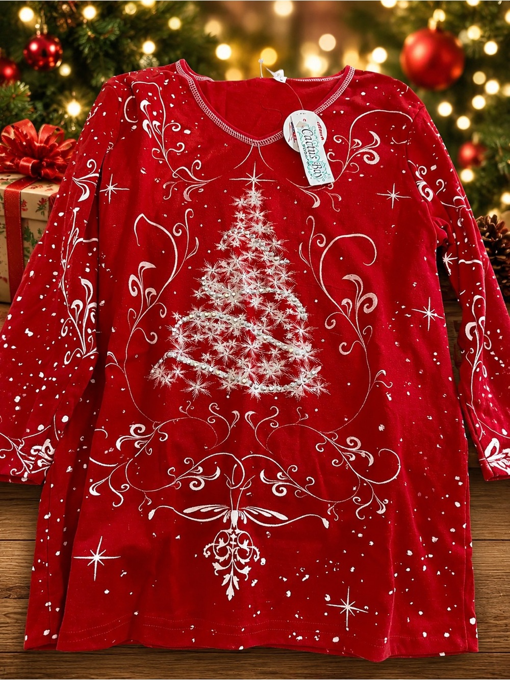 Women's Red Long-Sleeve Holiday Tee with White Tree Motif